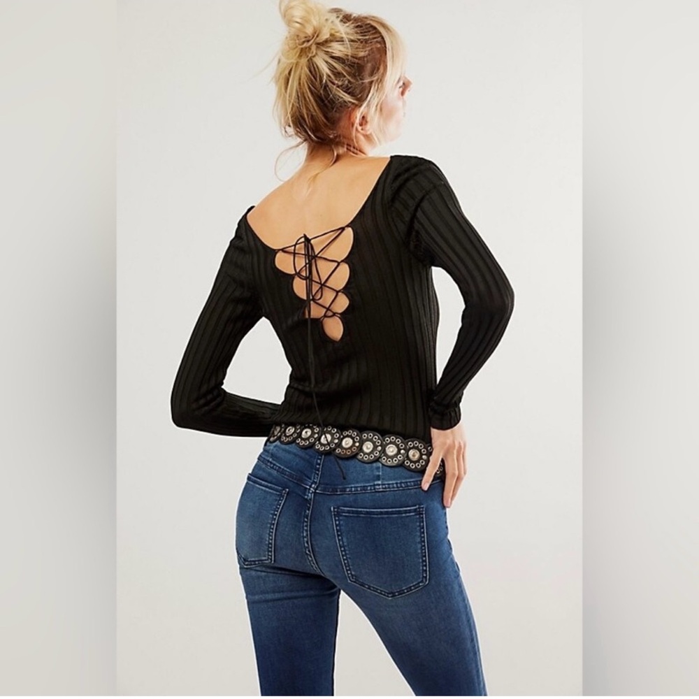 Free People Ribbed Low Back Cross Tie Long Sleeve Top Size Small NWT